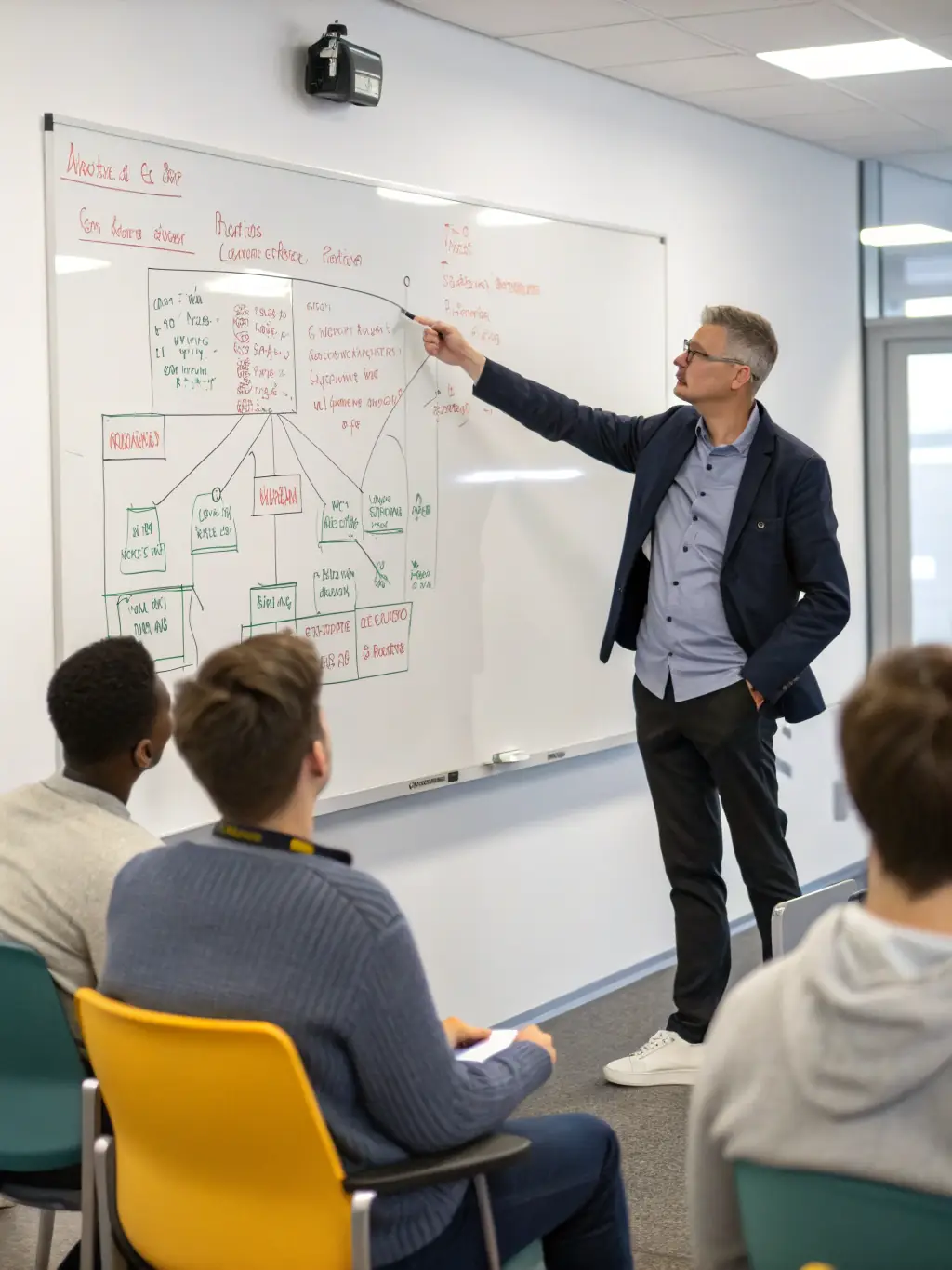 An instructor explaining a complex coding concept on a whiteboard, emphasizing the expert guidance provided during the advanced bootcamps.