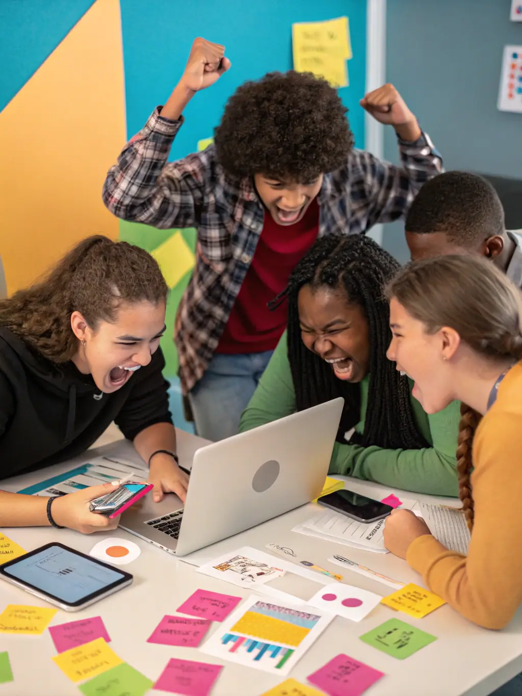 A group of students collaborating on a JavaScript project, highlighting the teamwork and interactive learning environment of the JavaScript bootcamp.